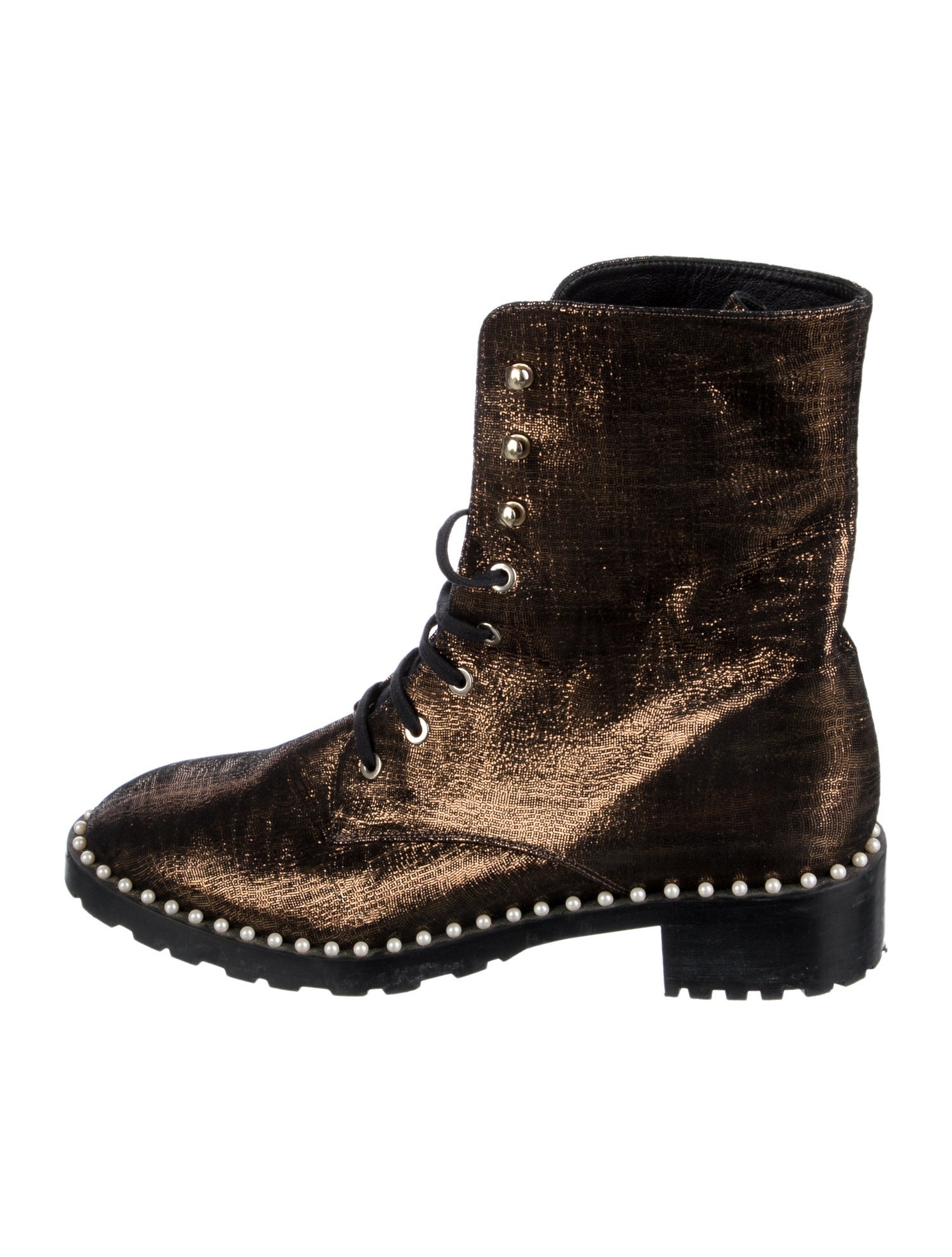 Stuart Weitzman Leather Beaded Accents Combat Boots