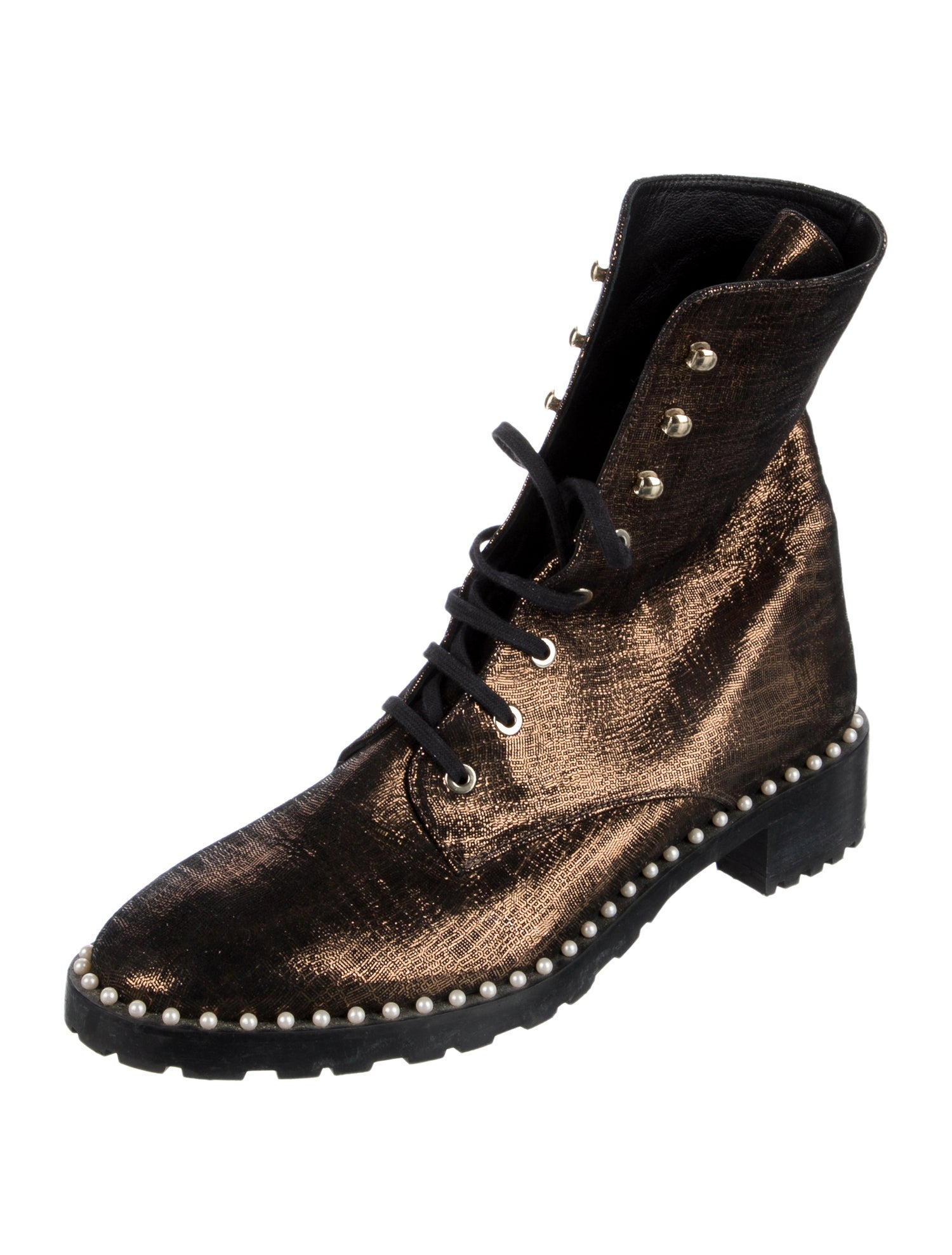 Stuart Weitzman Leather Beaded Accents Combat Boots