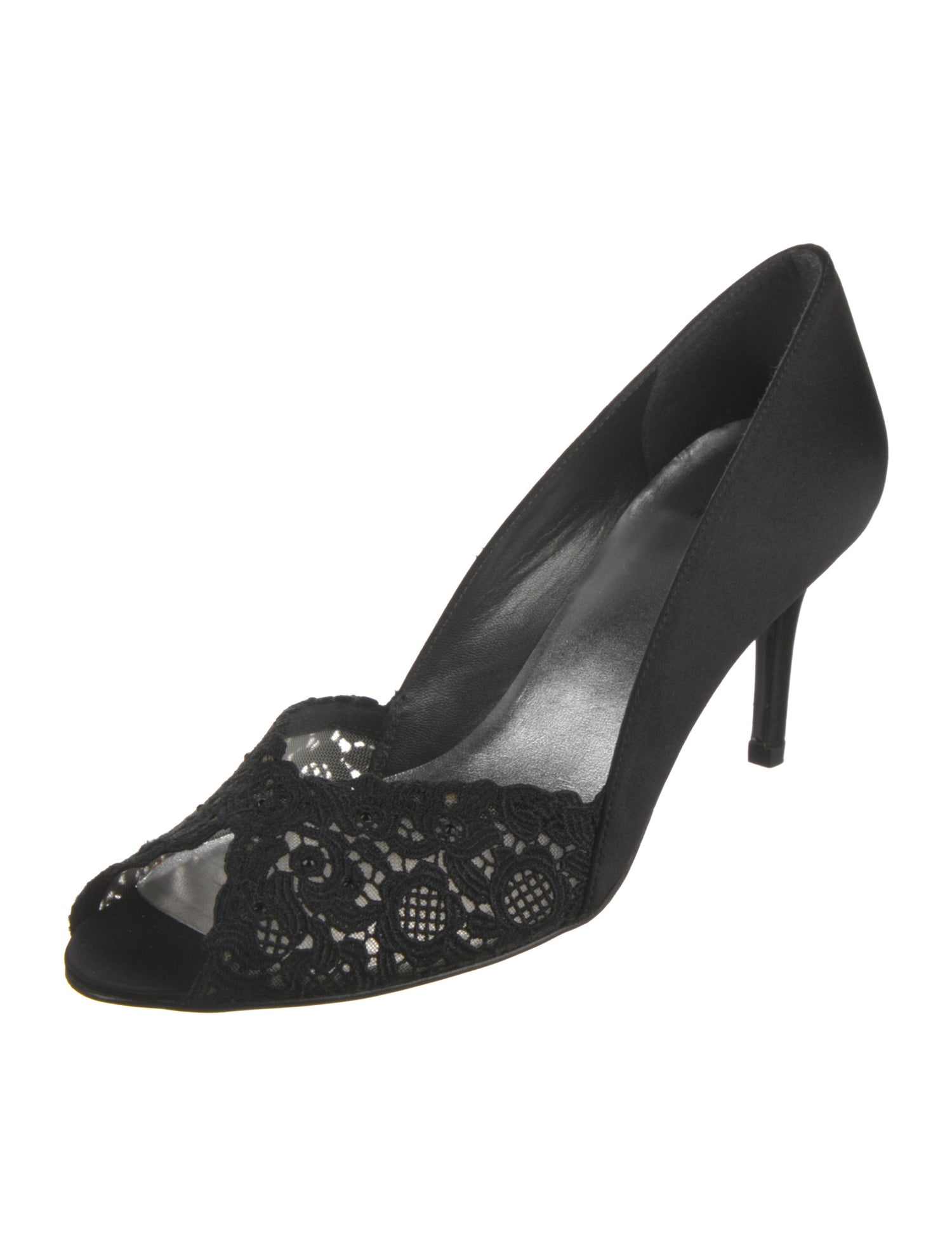 Stuart Weitzman Satin Lace Pattern Pumps