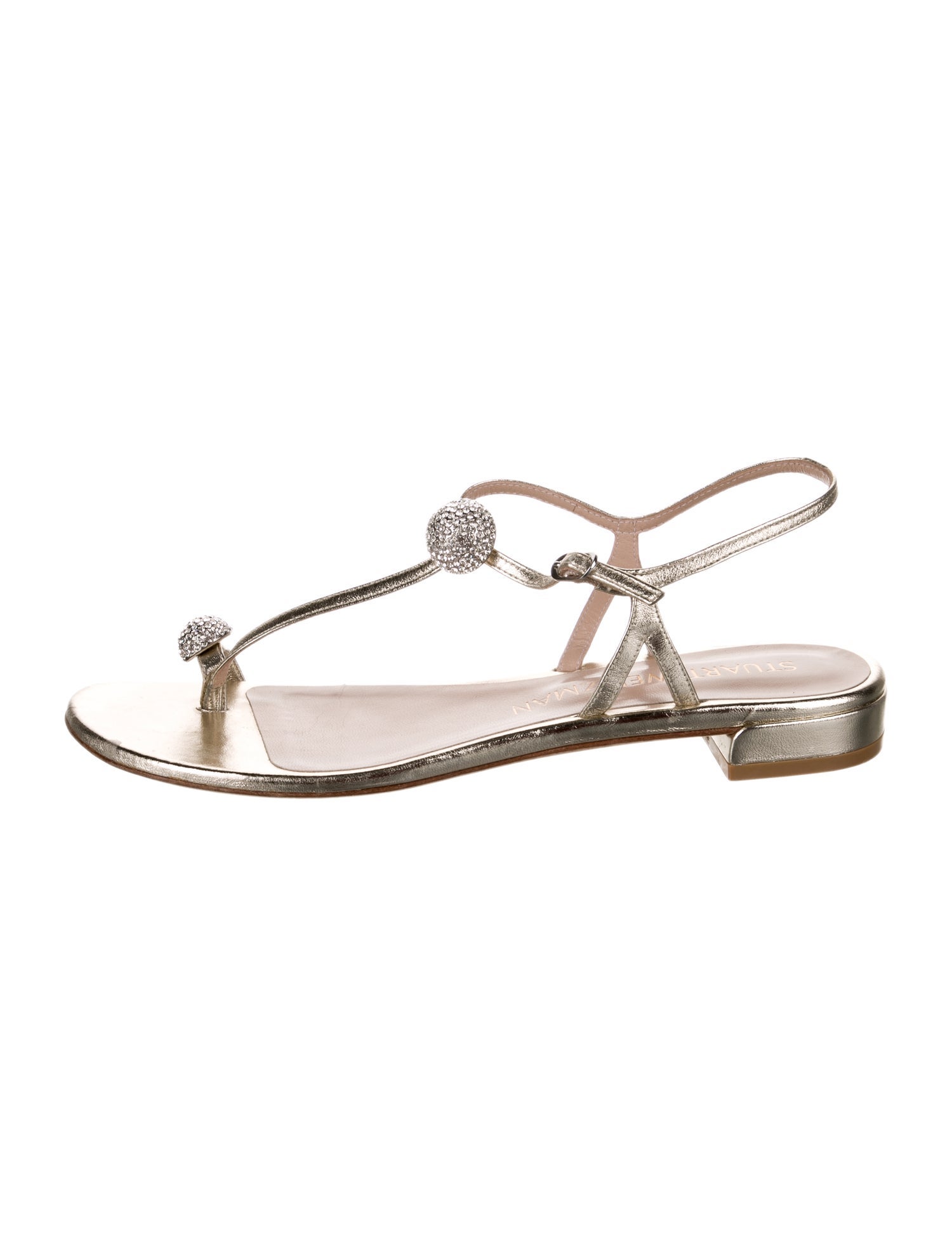Stuart Weitzman Leather Crystal Embellishments T-Strap Sandals