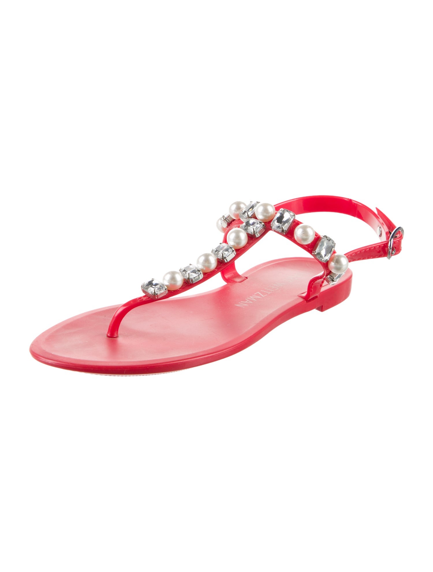 Stuart Weitzman Rubber Crystal Embellishments T-Strap Sandals