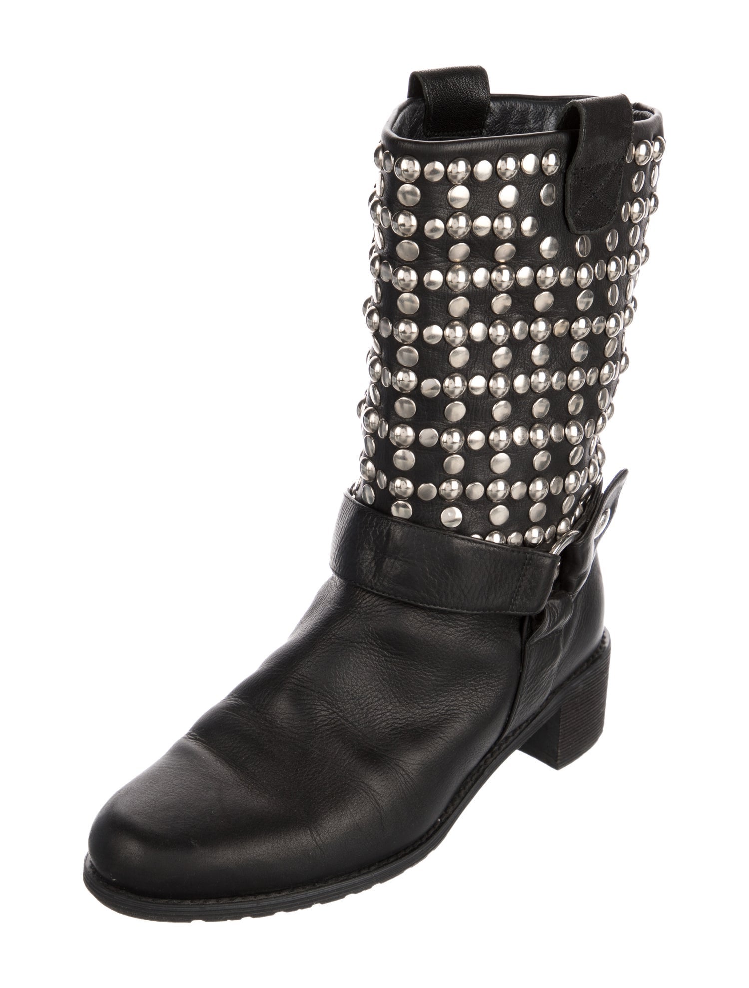 Stuart Weitzman Leather Studded Accents Moto Boots