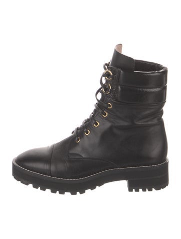 Pre-owned Stuart Weitzman Leather Printed Combat Boots In Black