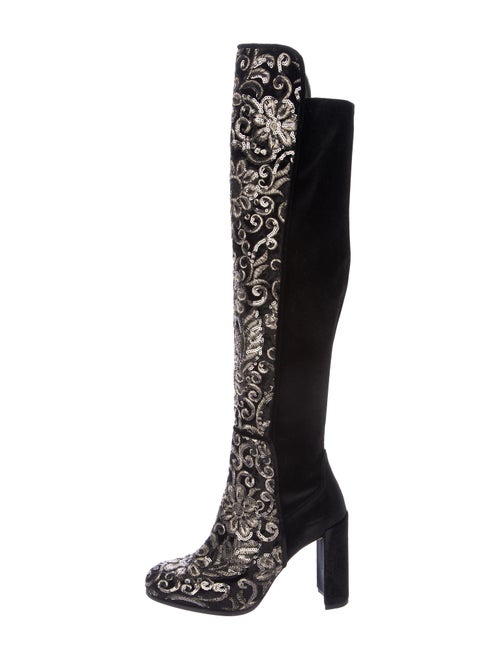 Stuart Weitzman Embroidered Velvet Boots Black