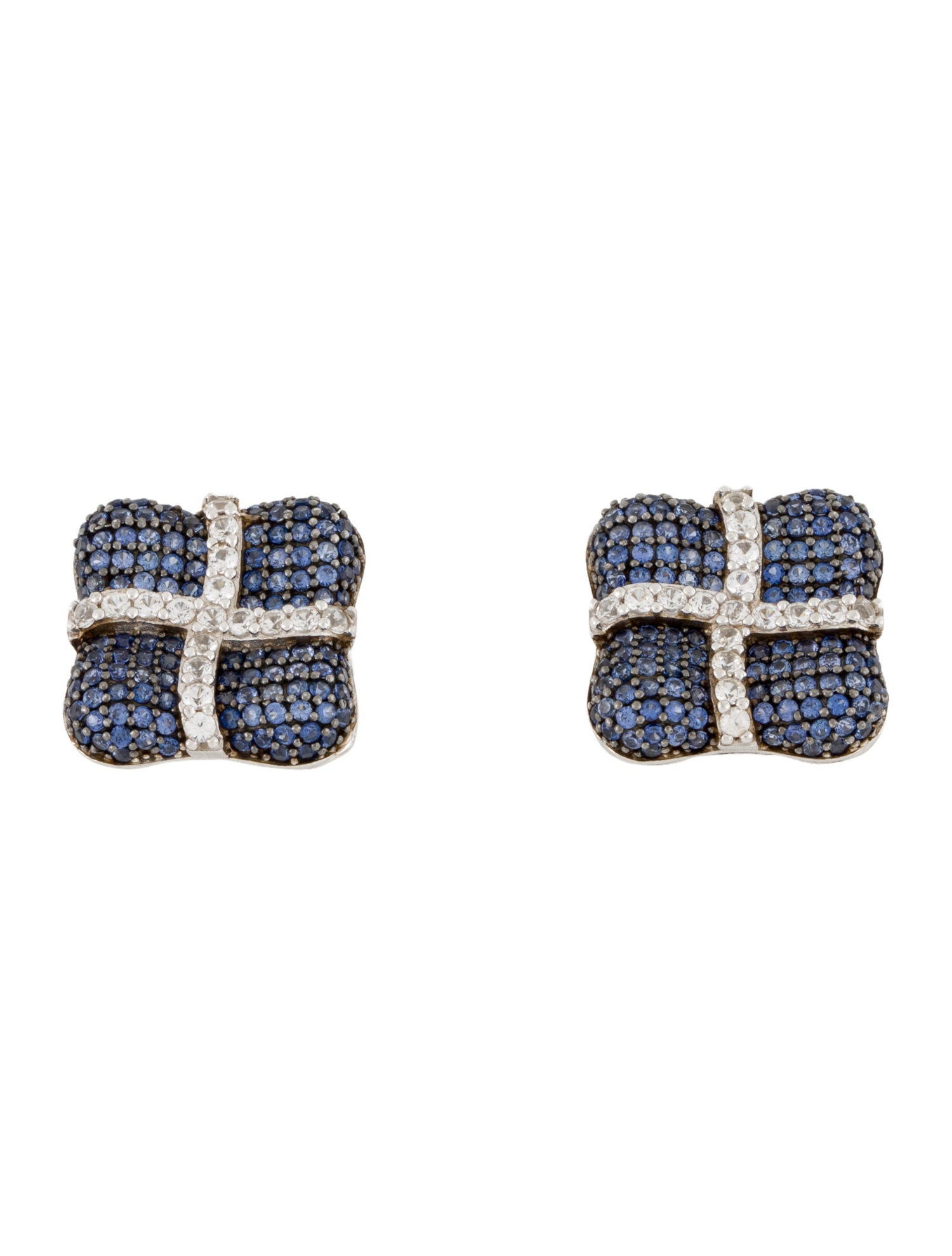 Suzy Levian Synthetic Sapphire Pavé Cushion Stud Earrings