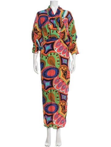 Pre-owned S/w/f Graphic Print Long Dress In Brown/orange