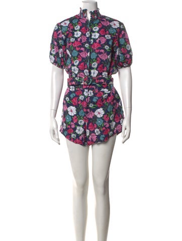 Pre-owned S/w/f Linen Floral Print Romper In Blue/pink