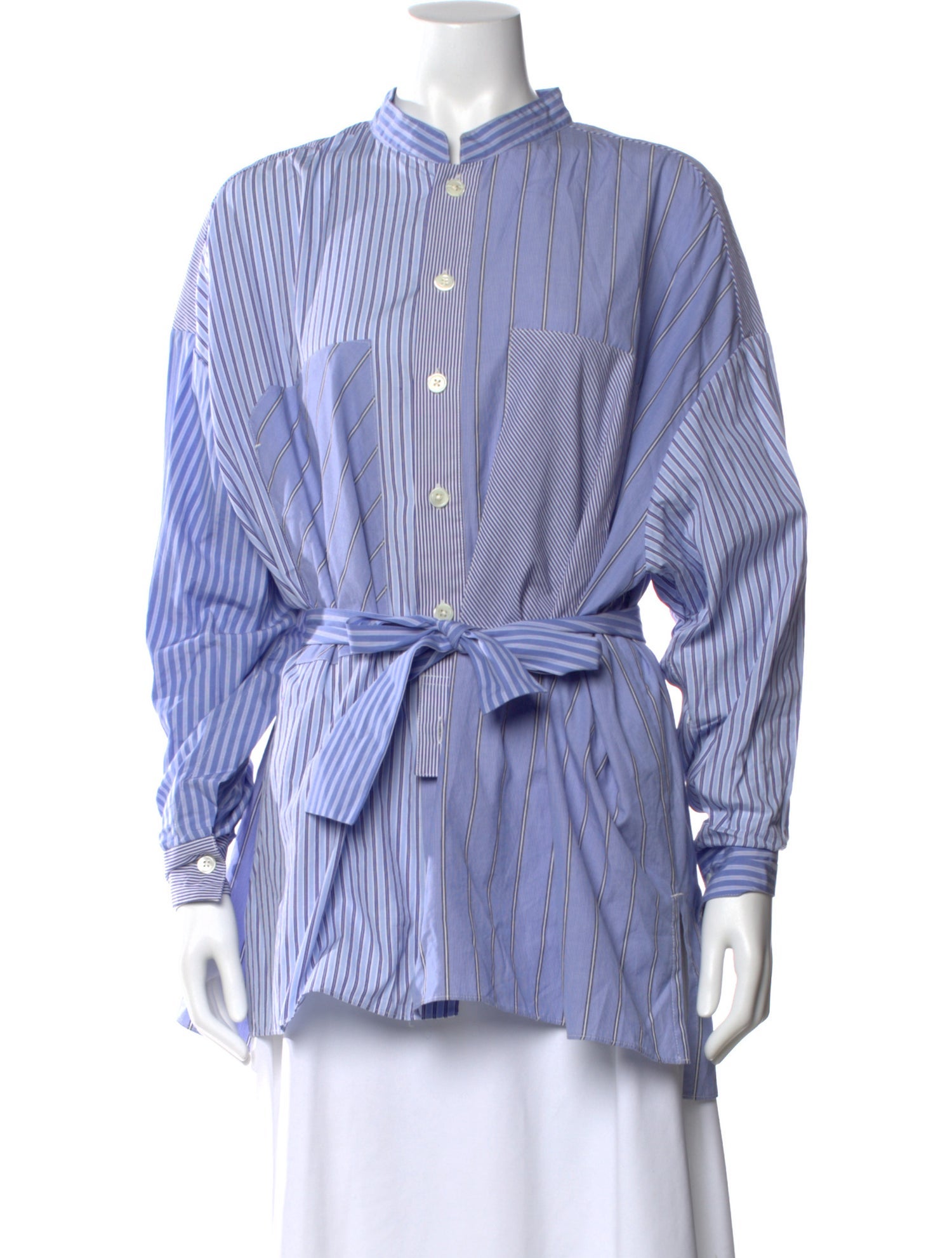 Tanaka Striped Mock Neck Button-Up Top