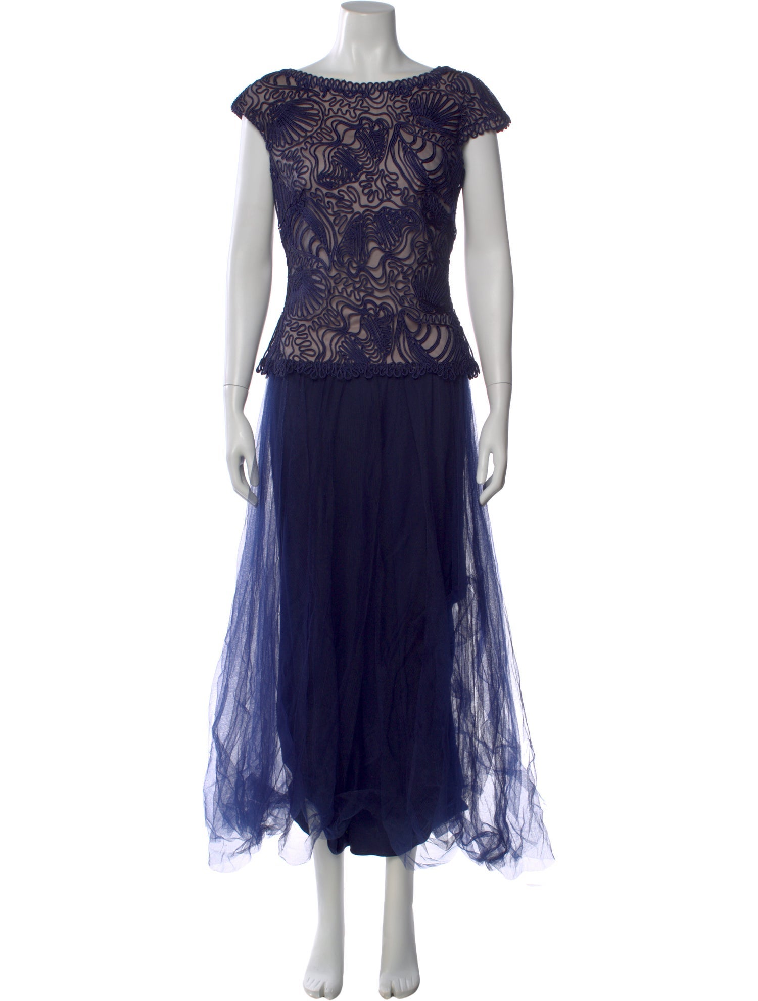 tadashi shoji blue lace dress Tadashi Shoji Embroidered Lace Tiered Midi Dress in Royal Navy