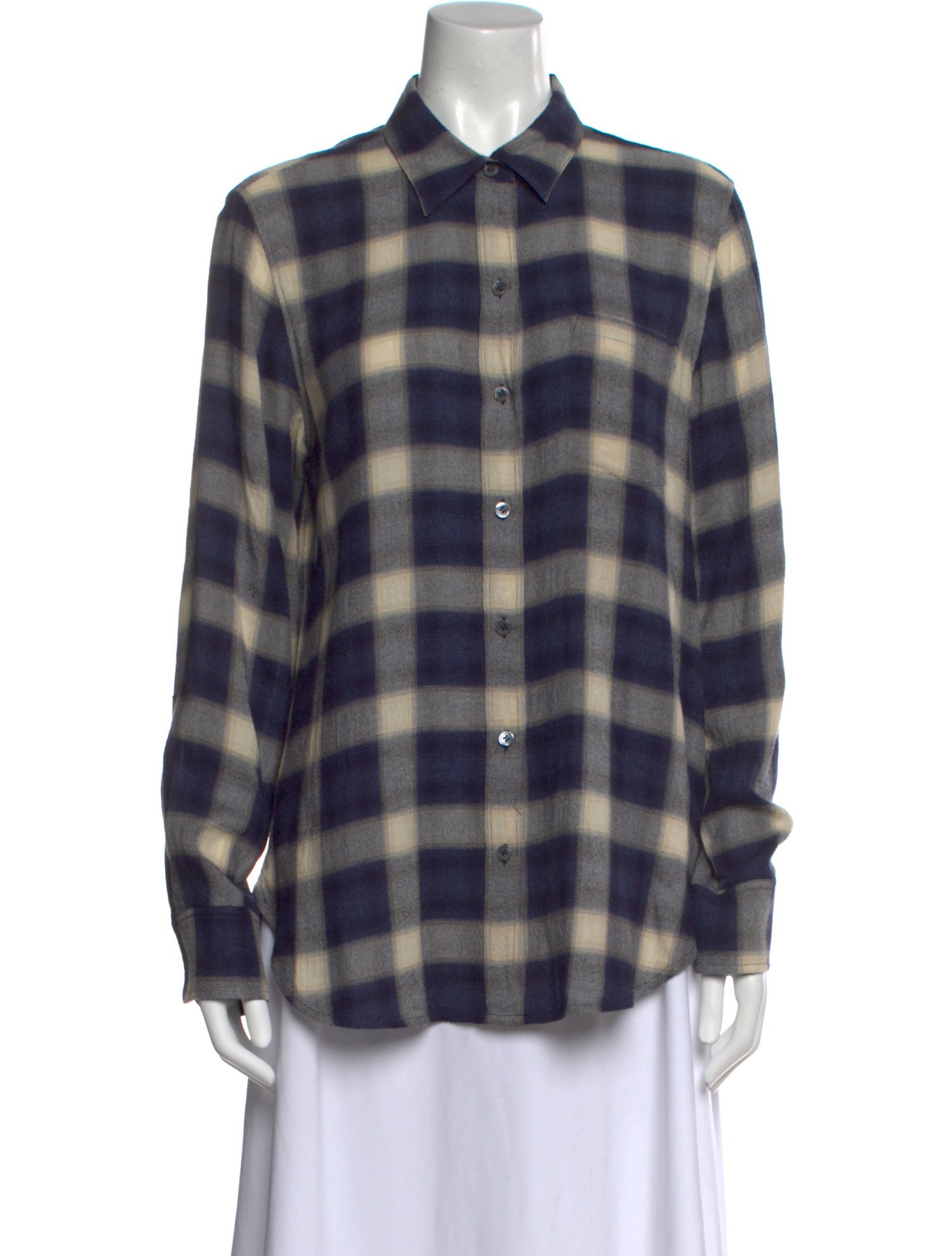 Theory Plaid Print Long Sleeve Button-Up Top