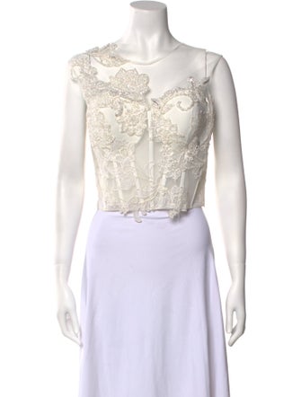 Tarik Ediz Lace Pattern Scoop Neck Crop Top