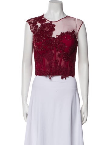 Tarik Ediz Tops Lace Pattern Scoop Neck Crop Top XL