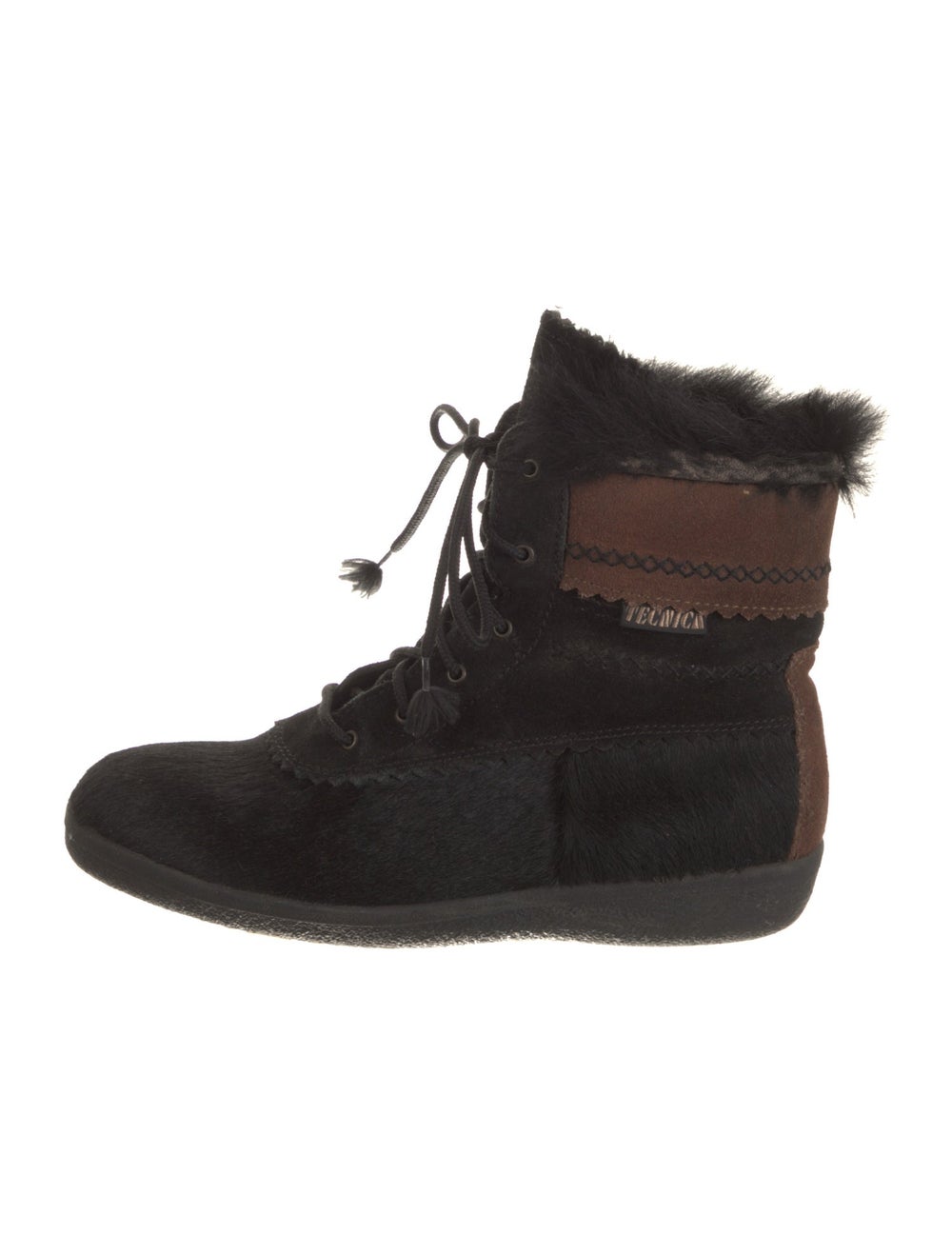 Tecnica Ponyhair Ankle Lace-Up Boots Black Colorblock Pattern Leather & Rubber Trim Scalloped & Fur Accents Round-Toes Wrap-Around Straps