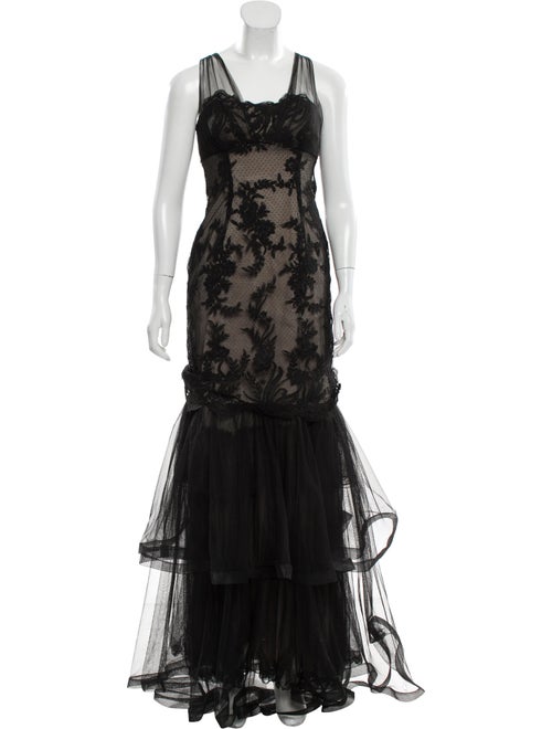 Teri Jon Lace Pattern Long Dress Black
