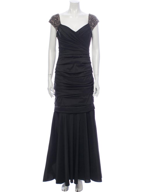 Teri Jon V-Neck Long Dress Black