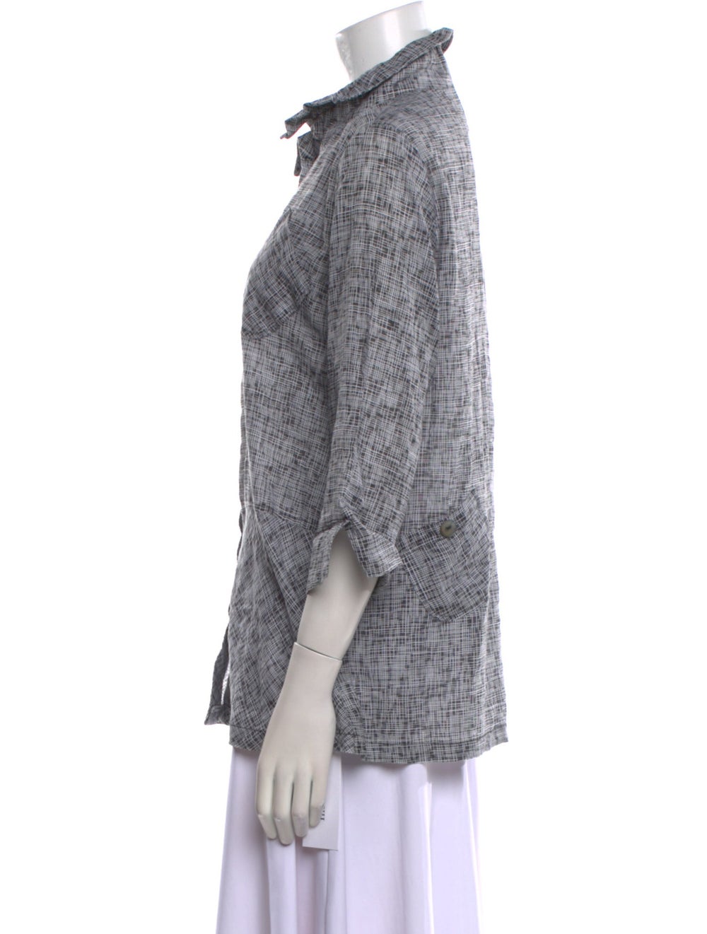 Terra Button-Up Top Grey Plaid Print Three-Quarte… - image 2