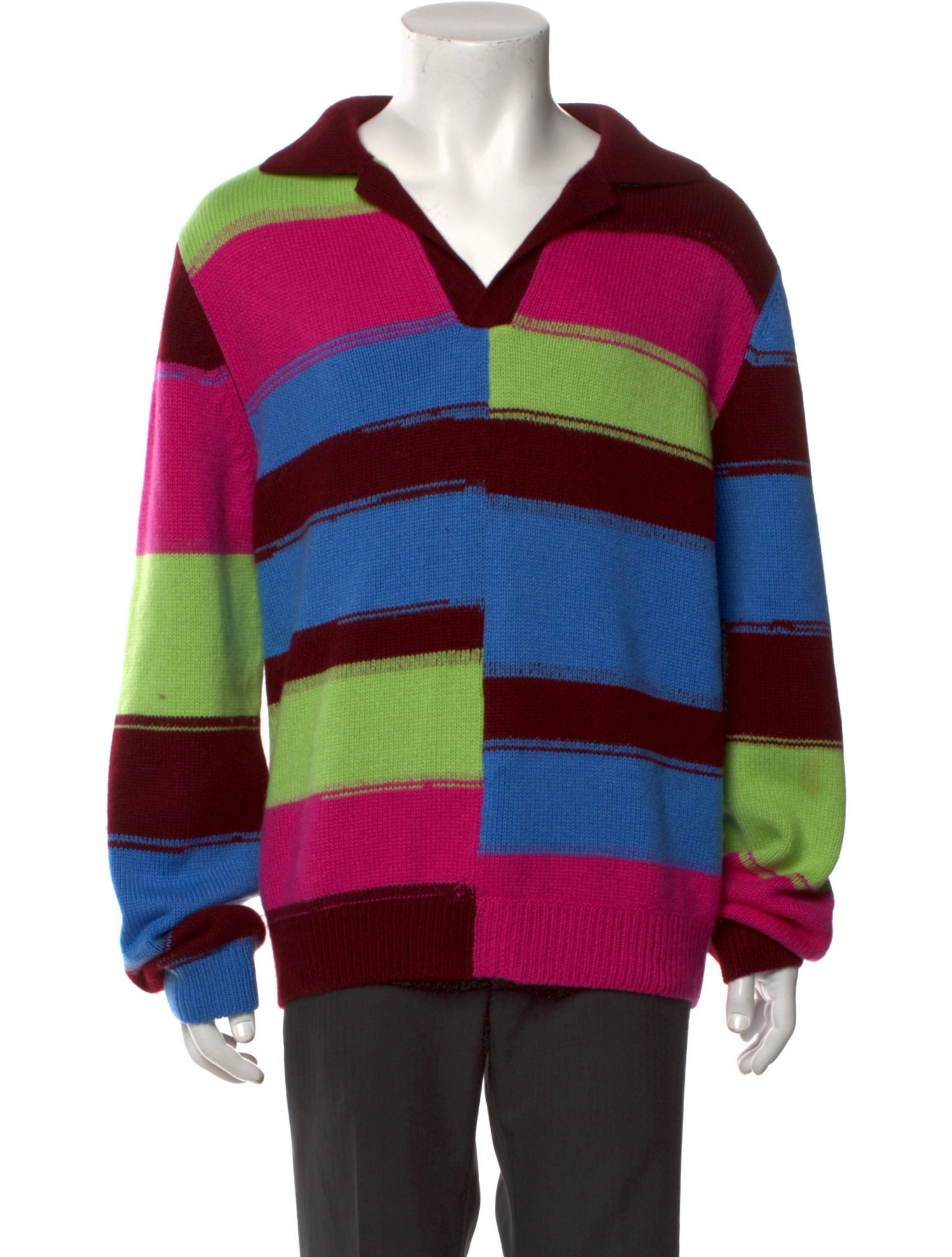 The Elder Statesman Colorblock Pattern V-Neck Polo Sweater