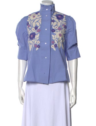 Thierry Colson Graphic Print Mock Neck Button-Up Top