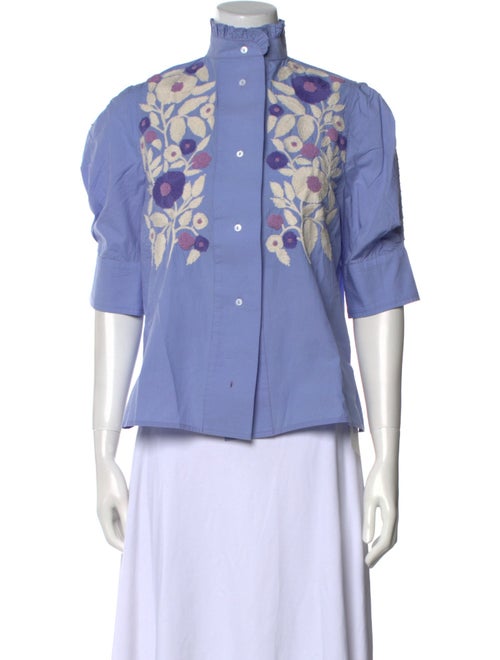 Thierry Colson Graphic Print Mock Neck Button-Up Top