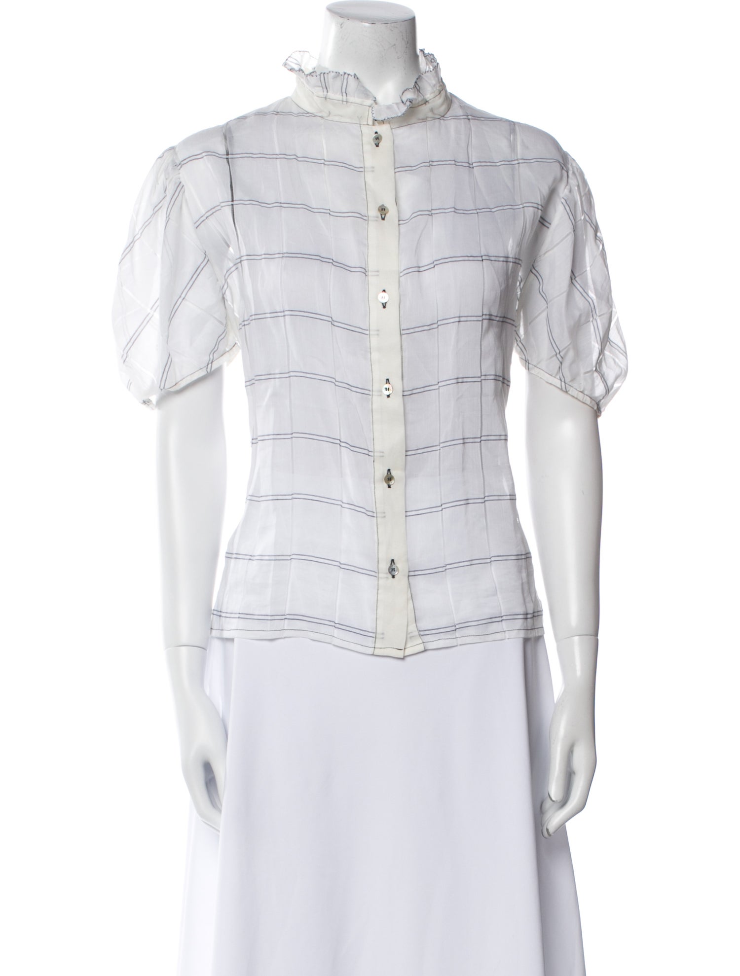 Thierry Colson Plaid Print Mock Neck Button-Up Top