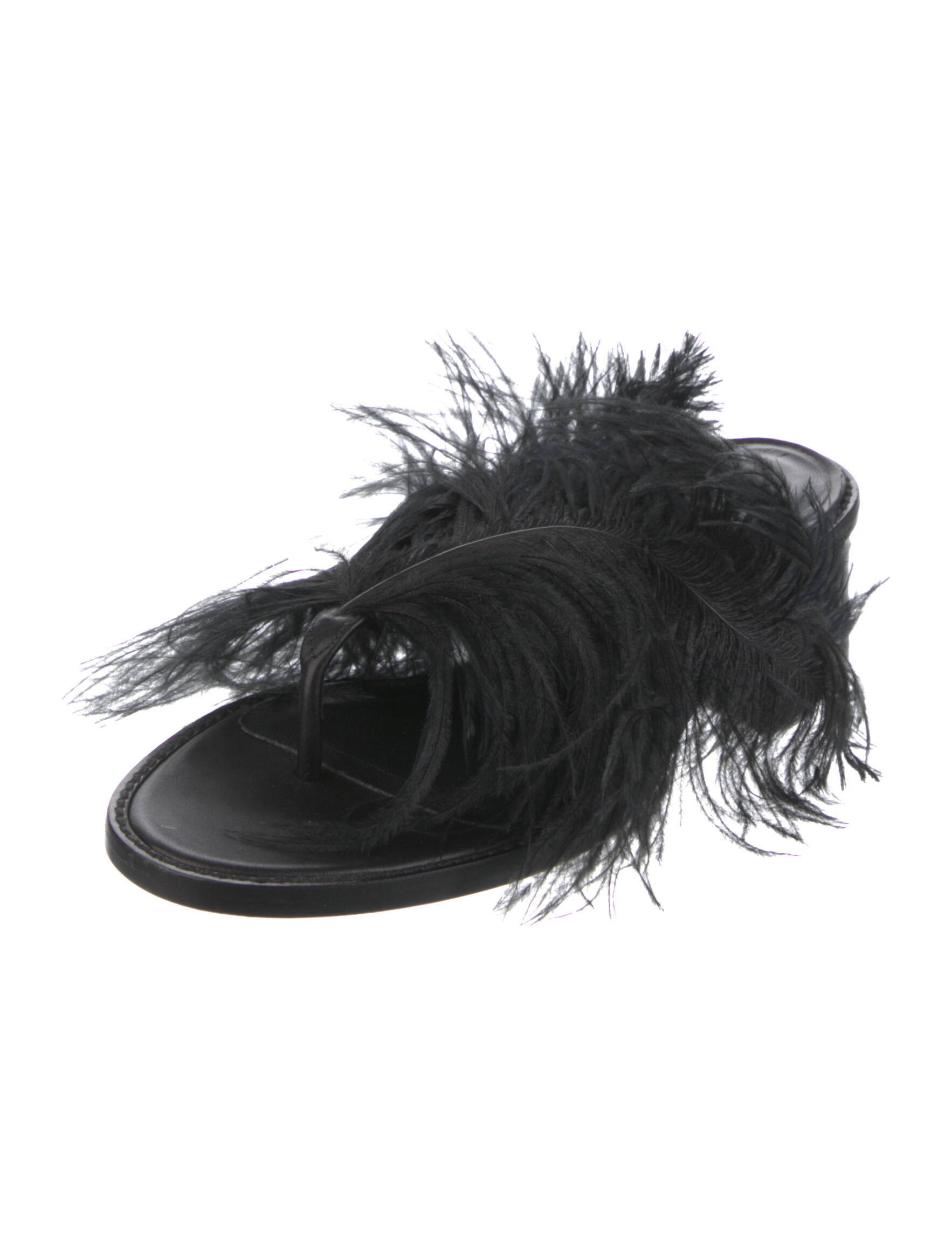 Tibi Leather Feather Trim Slides