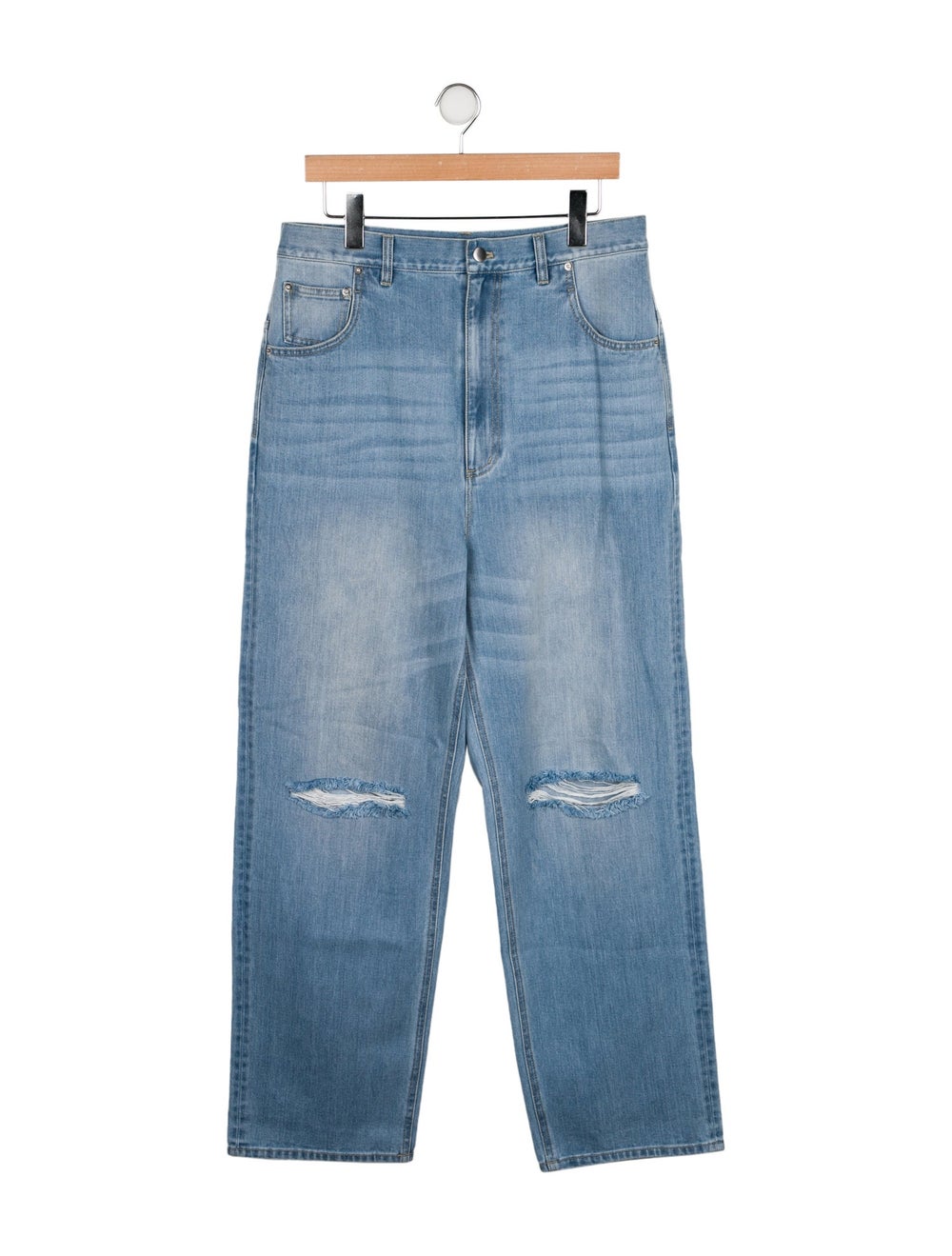 Tibi Wide Leg Jeans Blue Light Wash with High-Rise 5 Pockets Raw-Edge & Distressed Accents