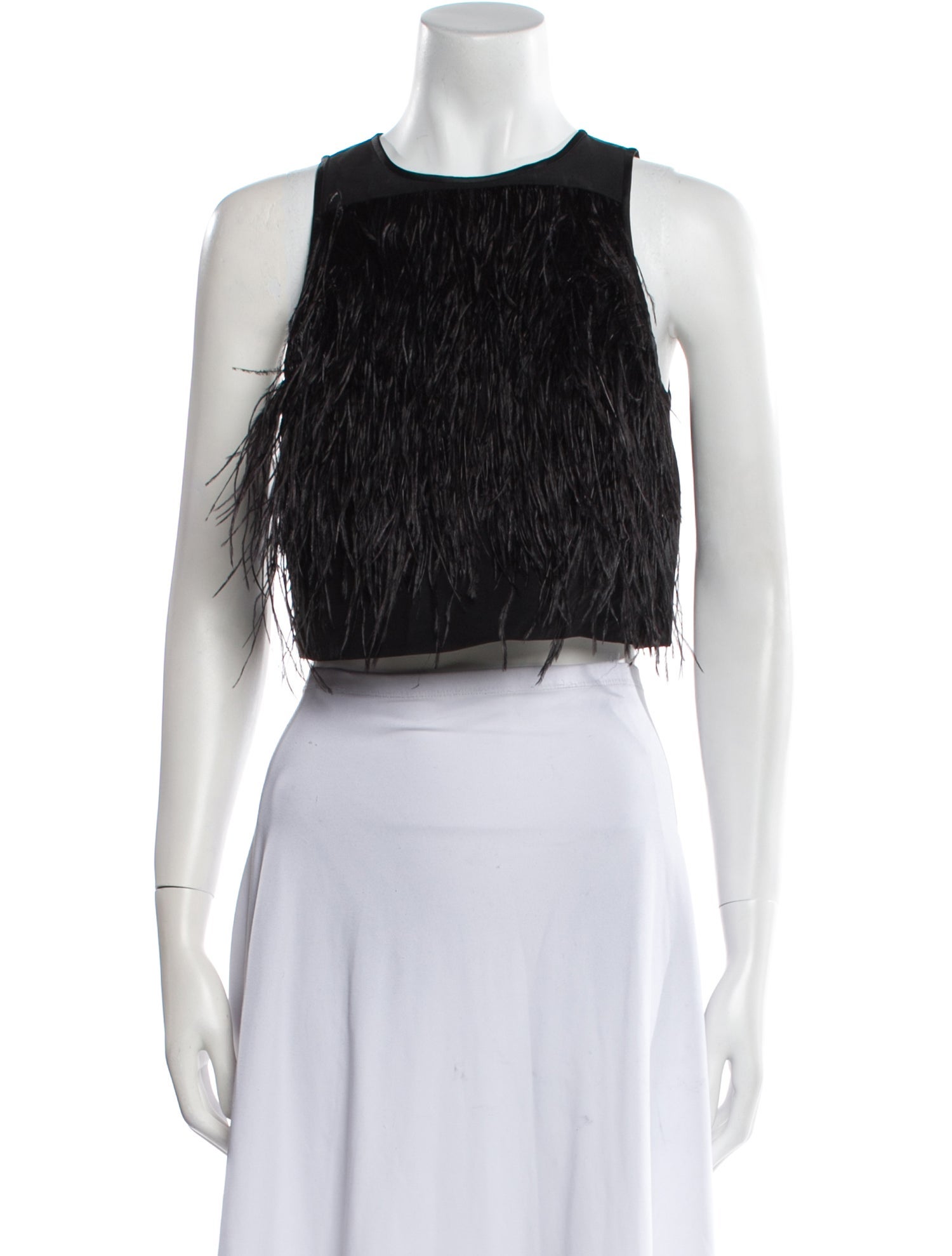 Tibi Ostrich Feather Crew Neck Crop Top
