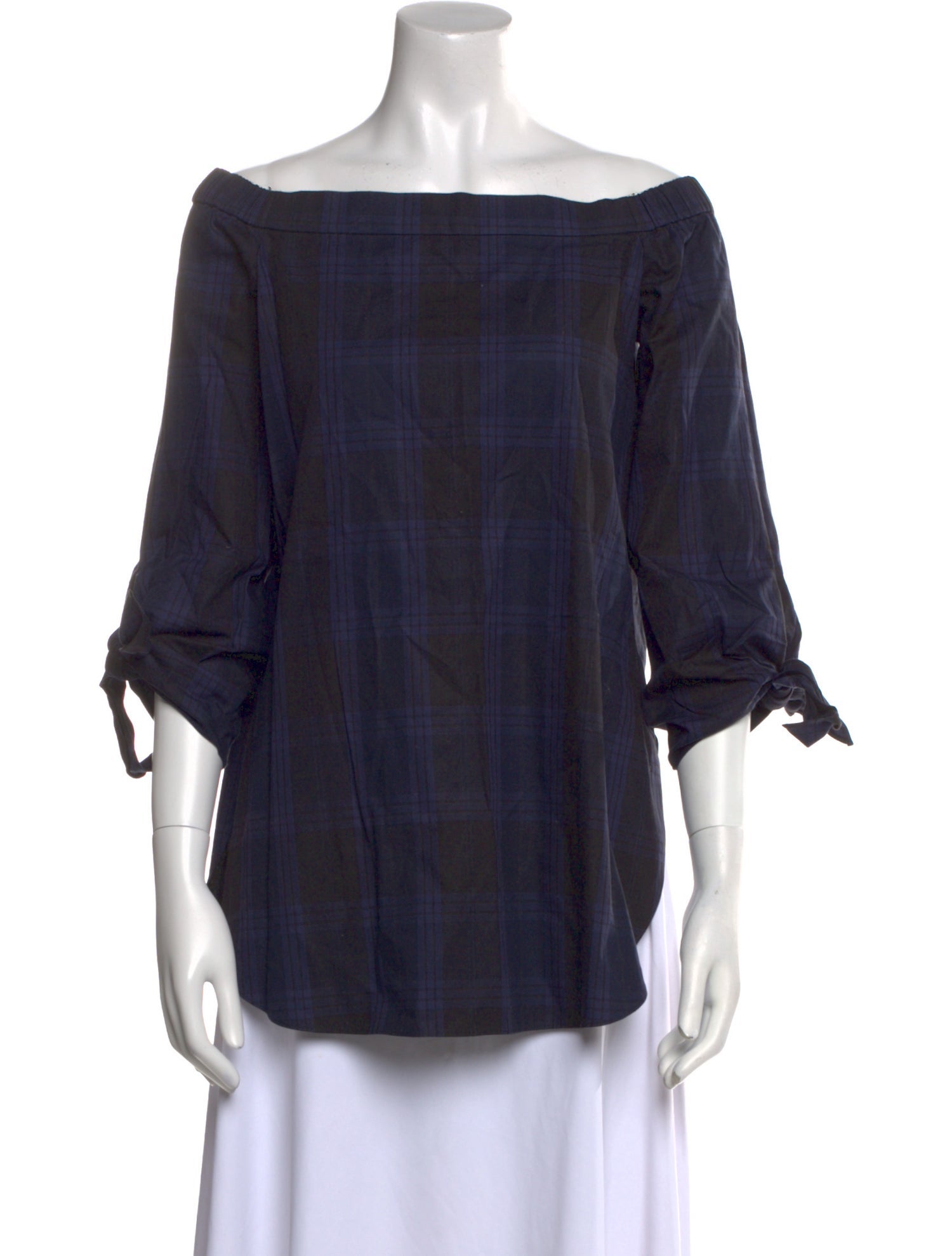 Tibi Plaid Print Off-The-Shoulder Blouse