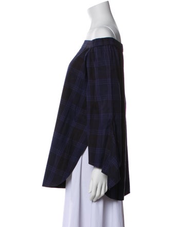 Tibi Plaid Print Off-The-Shoulder Blouse