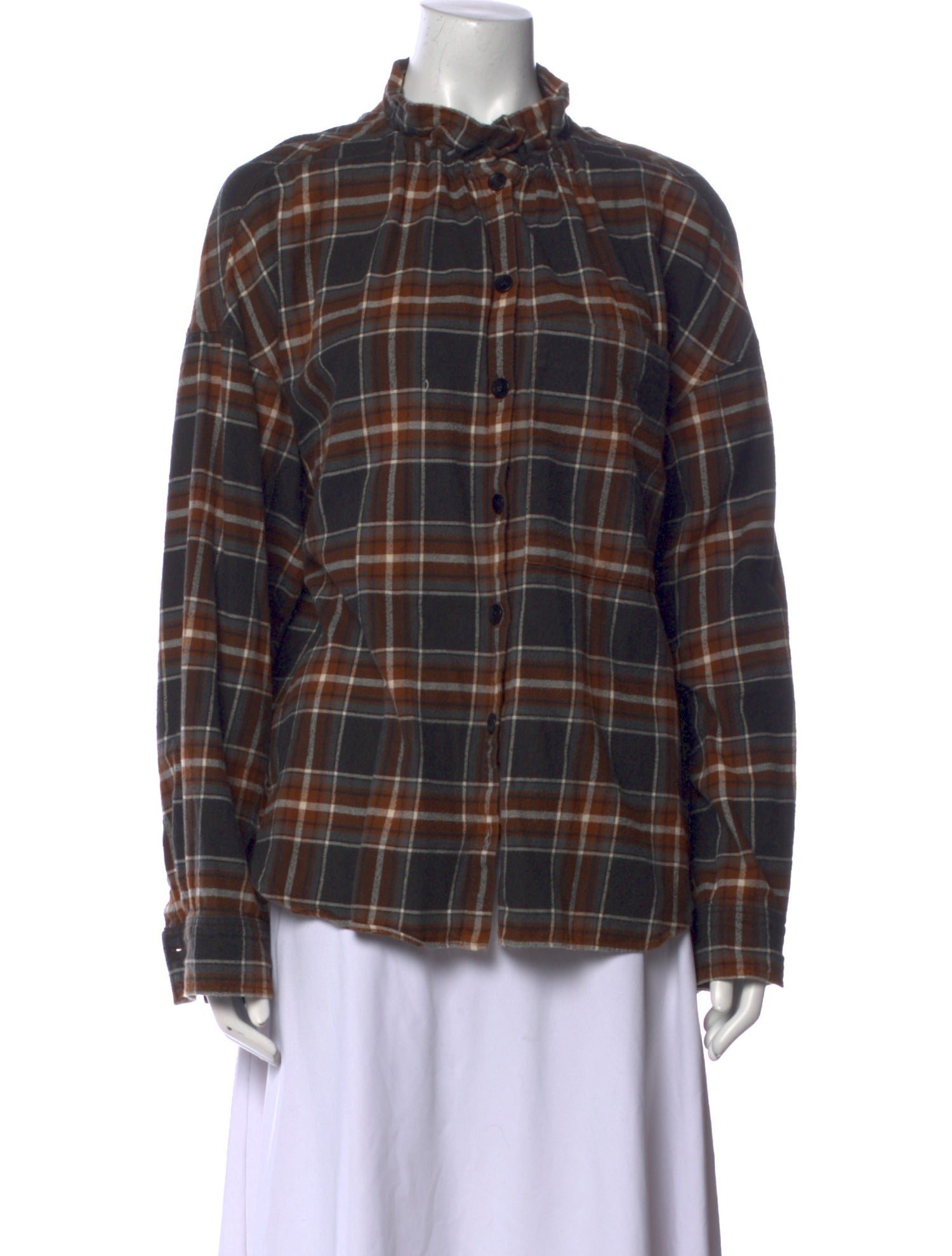 Tibi Plaid Print Mock Neck Button-Up Top