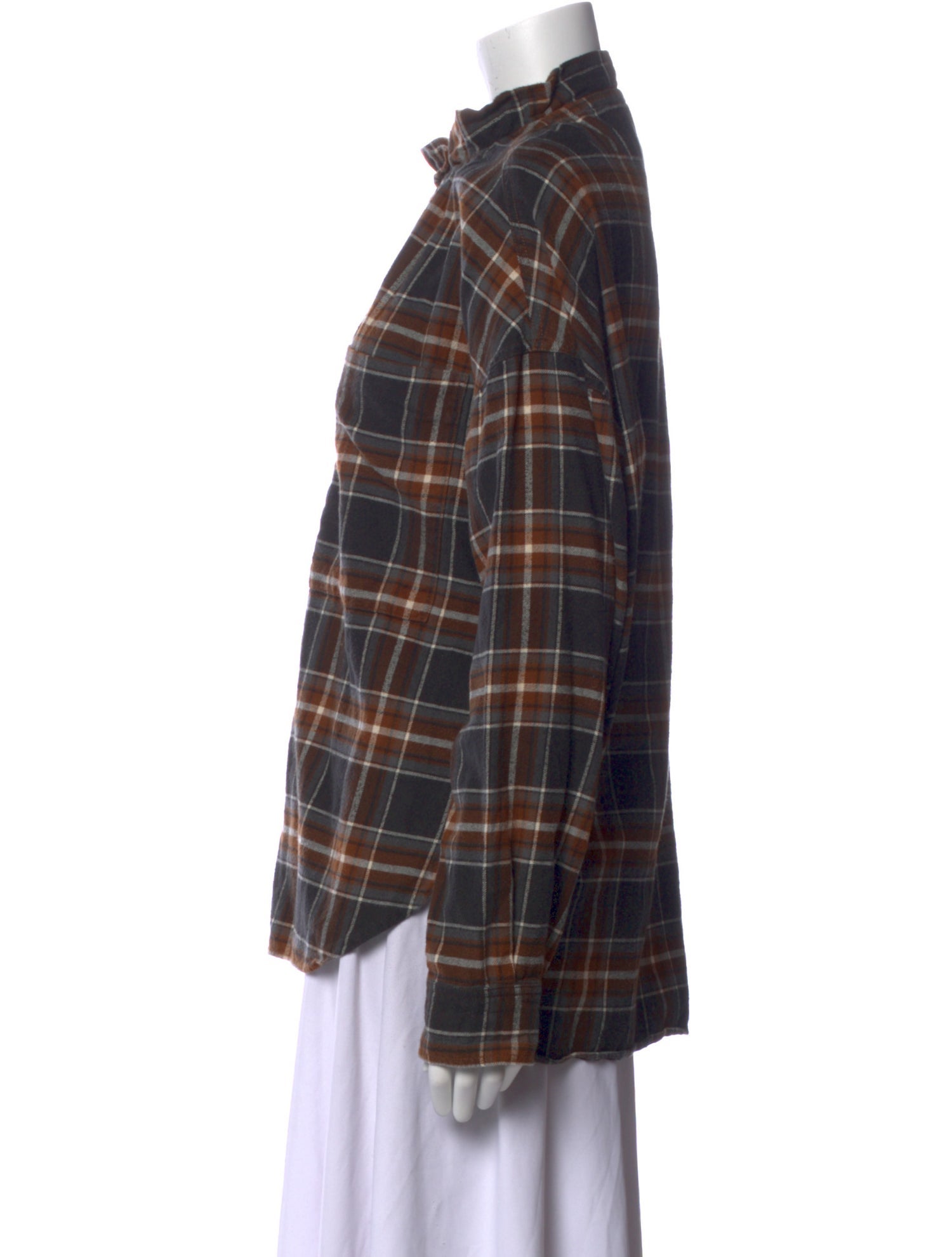 Tibi Plaid Print Mock Neck Button-Up Top