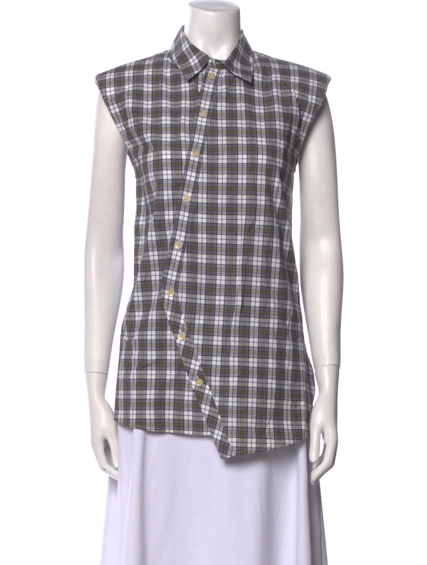 Tibi Plaid Print Short Sleeve Button-Up Top