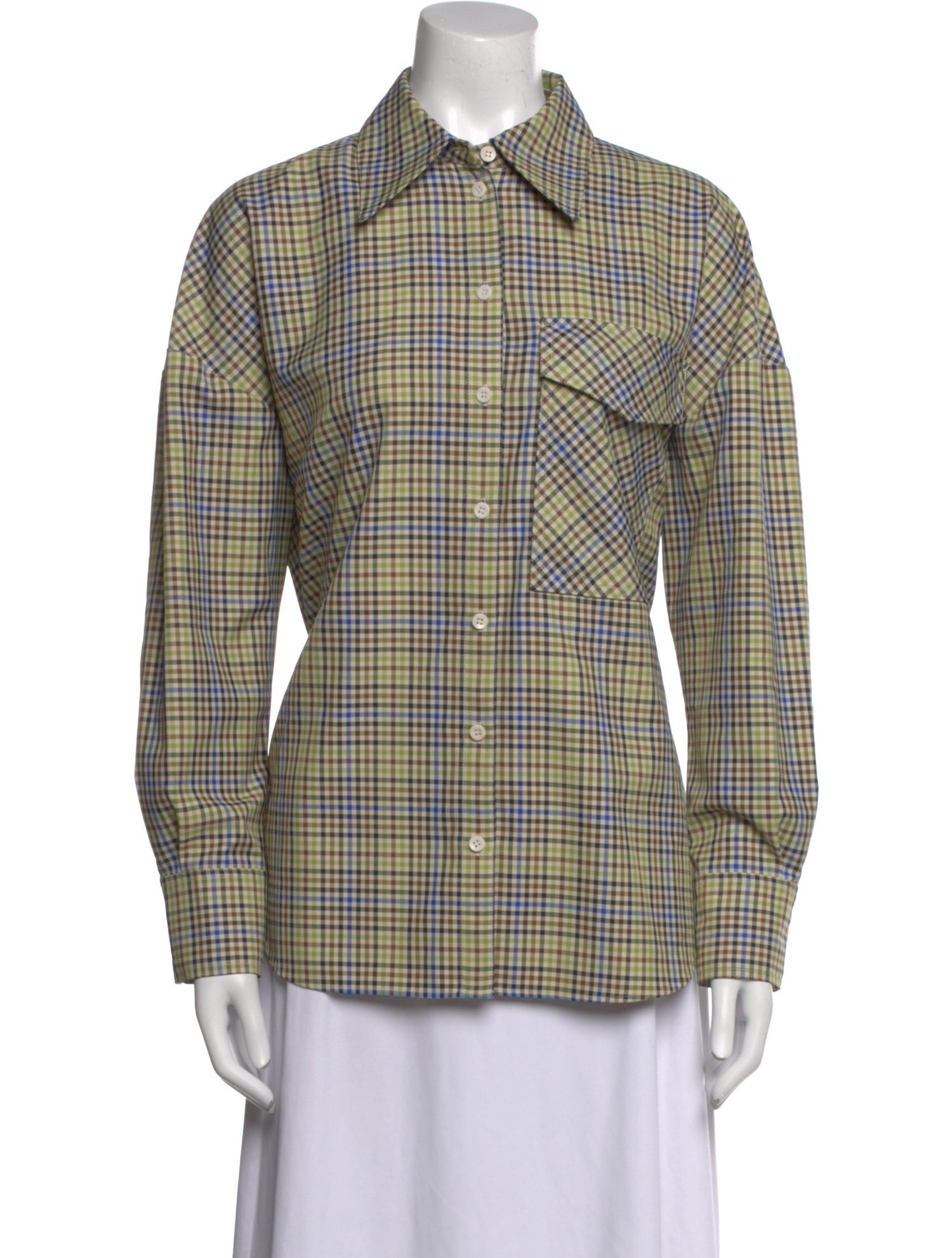 Tibi Plaid Print Long Sleeve Button-Up Top