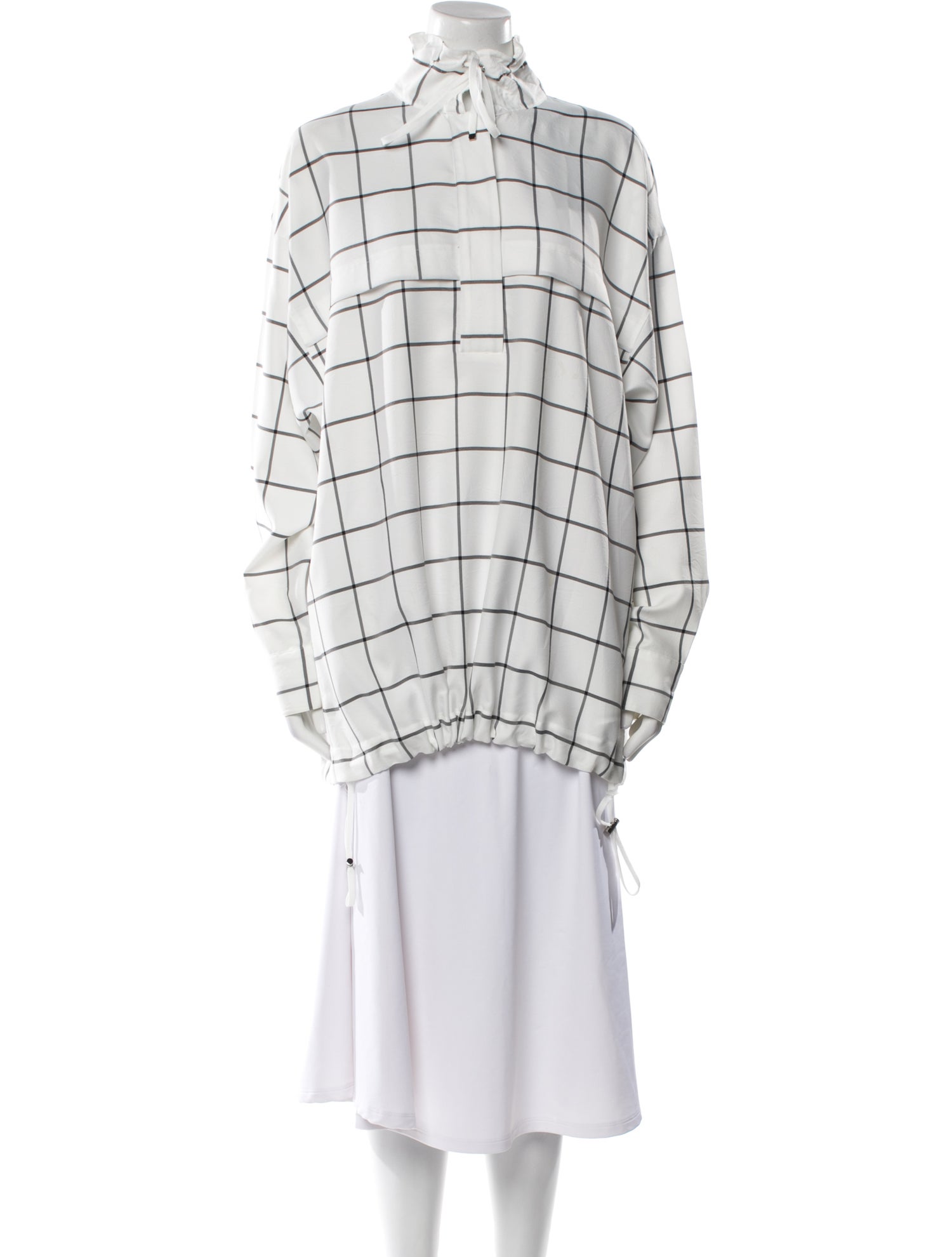 Tibi Plaid Print Mock Neck Button-Up Top