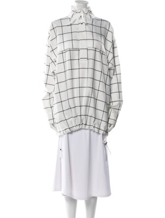 Tibi Plaid Print Mock Neck Button-Up Top