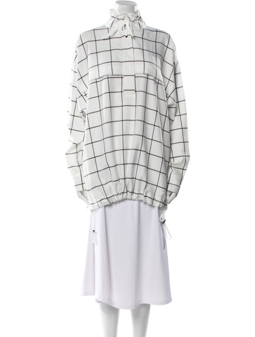 Tibi Plaid Print Mock Neck Button-Up Top