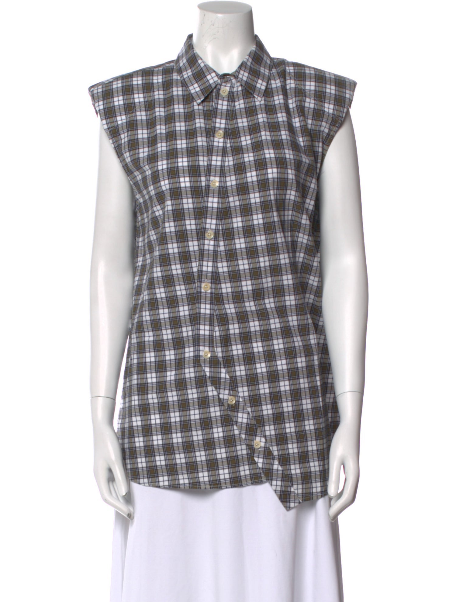 Tibi Plaid Print Short Sleeve Button-Up Top