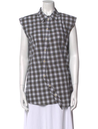 Tibi Plaid Print Short Sleeve Button-Up Top