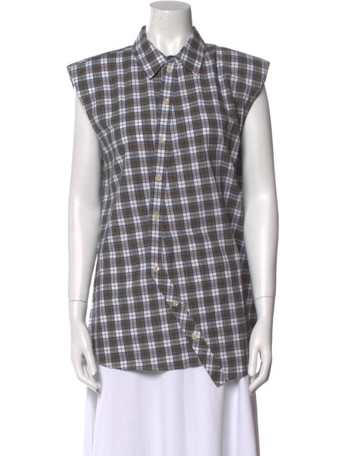 Tibi Plaid Print Short Sleeve Button-Up Top