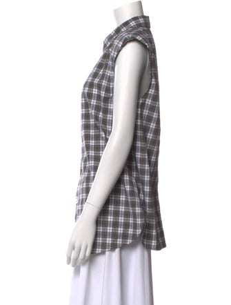 Tibi Plaid Print Short Sleeve Button-Up Top