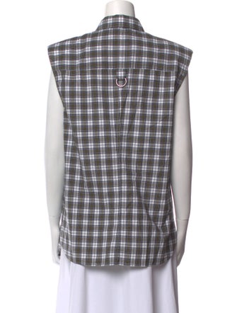 Tibi Plaid Print Short Sleeve Button-Up Top