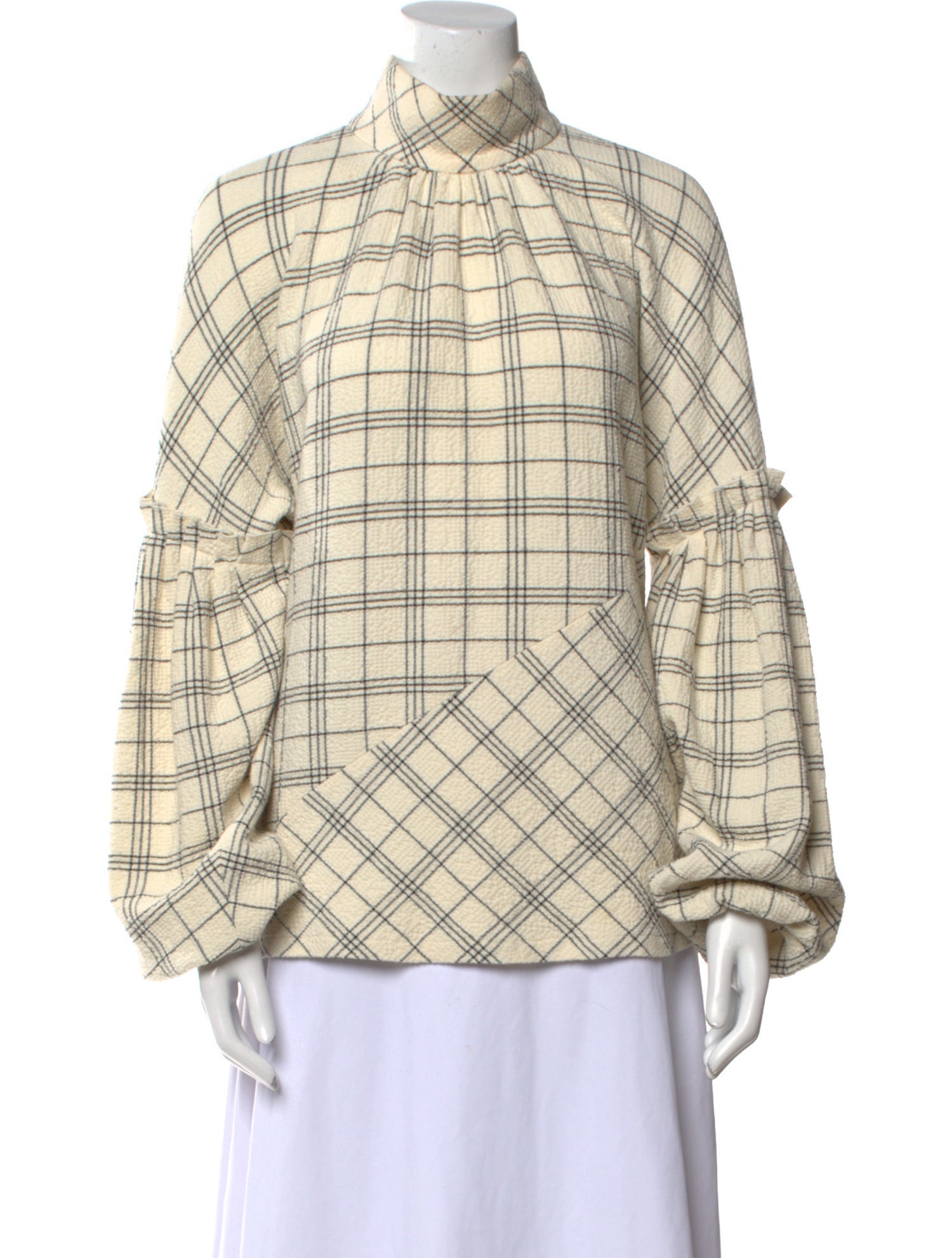 Tibi Plaid Print Mock Neck Button-Up Top