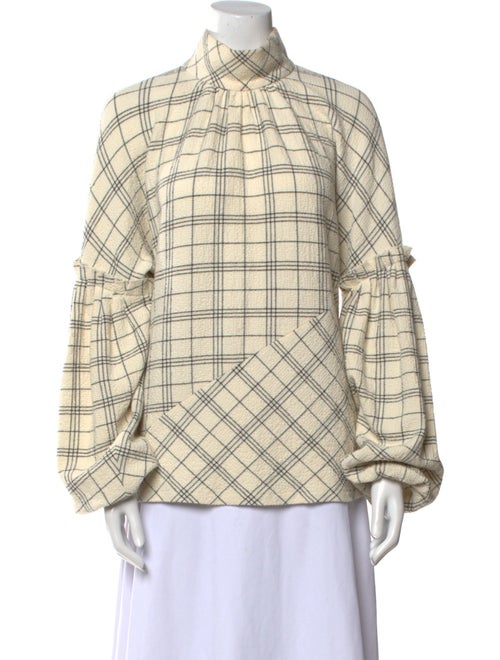 Tibi Plaid Print Mock Neck Button-Up Top