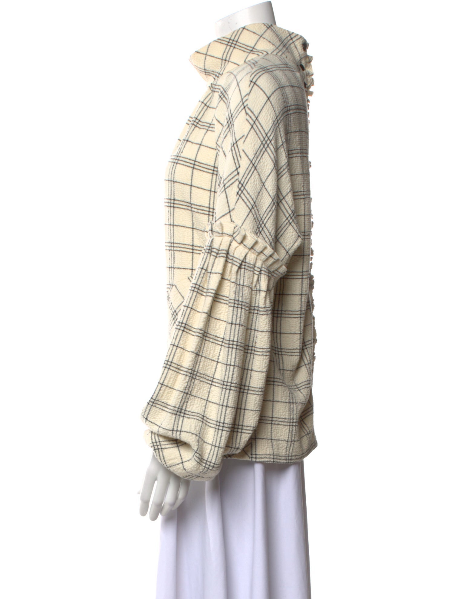 Tibi Plaid Print Mock Neck Button-Up Top