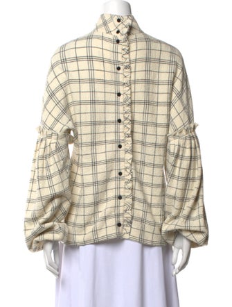 Tibi Plaid Print Mock Neck Button-Up Top