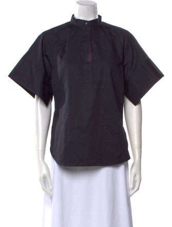 Tibi Mock Neck Short Sleeve Button-Up Top