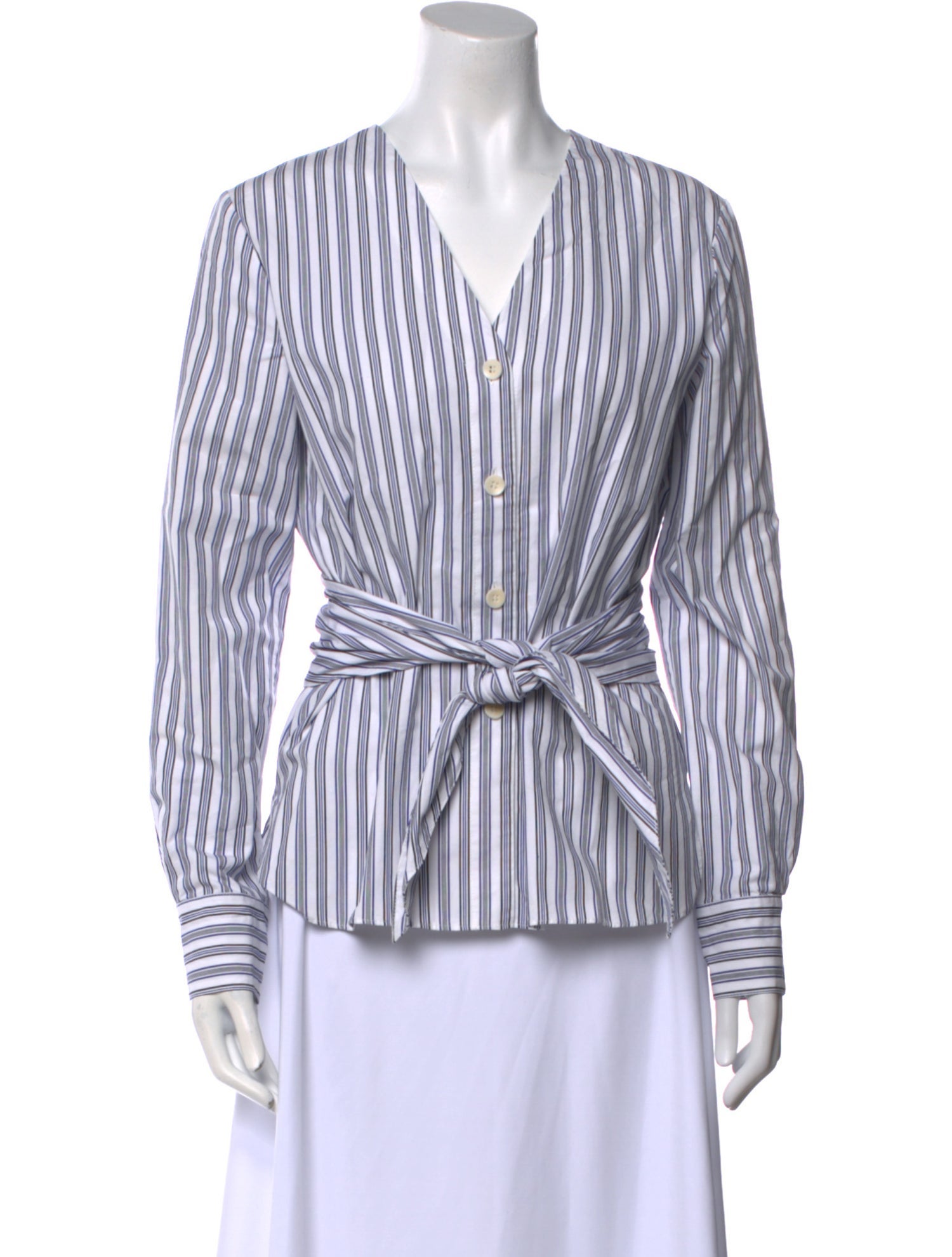 Tibi Striped V-Neck Button-Up Top