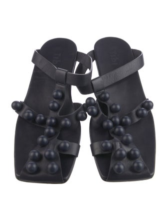 Tibi Leather Studded Accents T-Strap Sandals