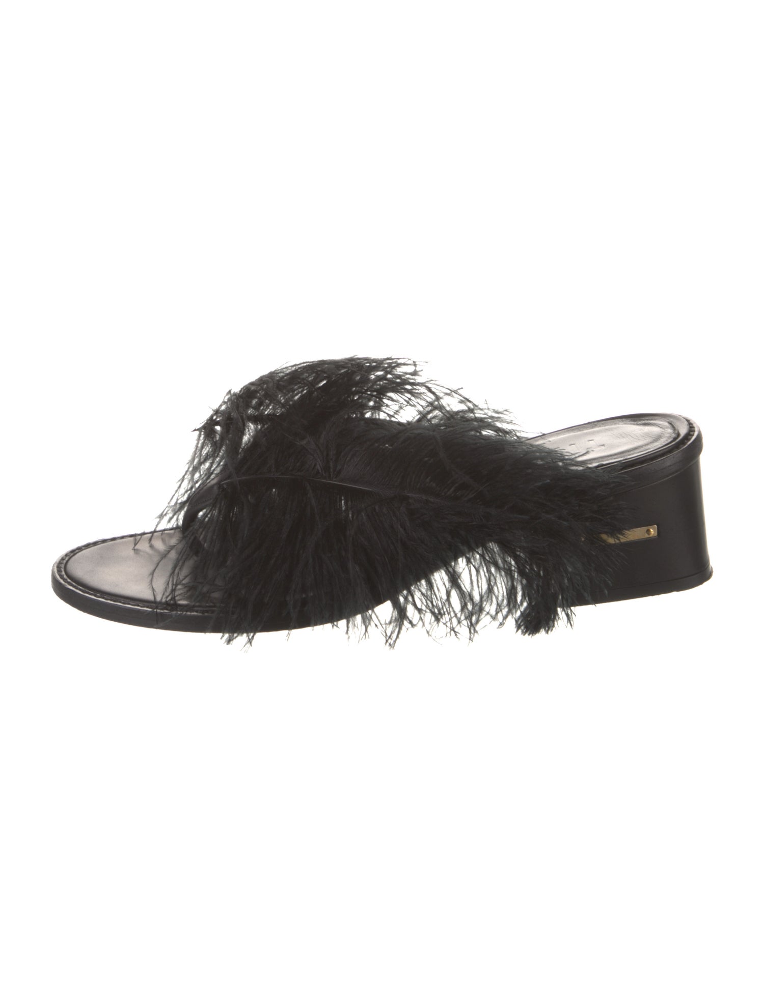 Tibi Leather Feather Trim Slides