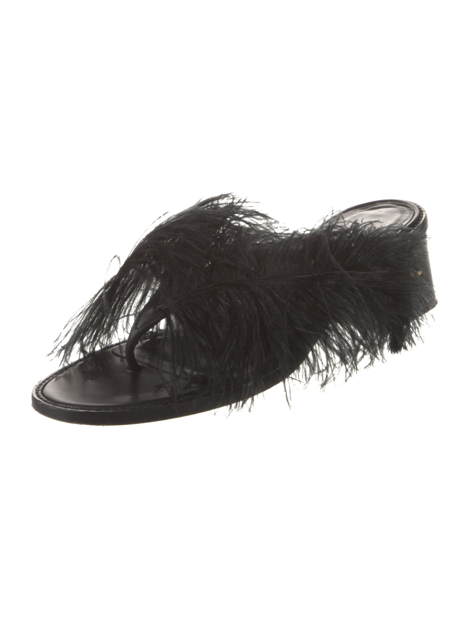 Tibi Leather Feather Trim Slides